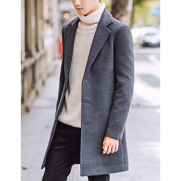 Men's Dark Gray Wool Blend Pea Coat Notched Collar Breasted Winter Trench Coat - Picture 3 of 7